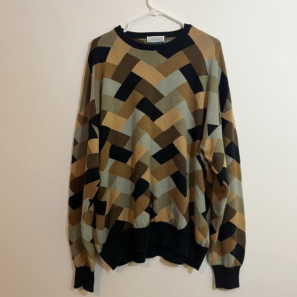 Tuttle Golf XXL Argyle Sweater Mens 2X Brown Tan Black Blue Pattern Long Sleeve